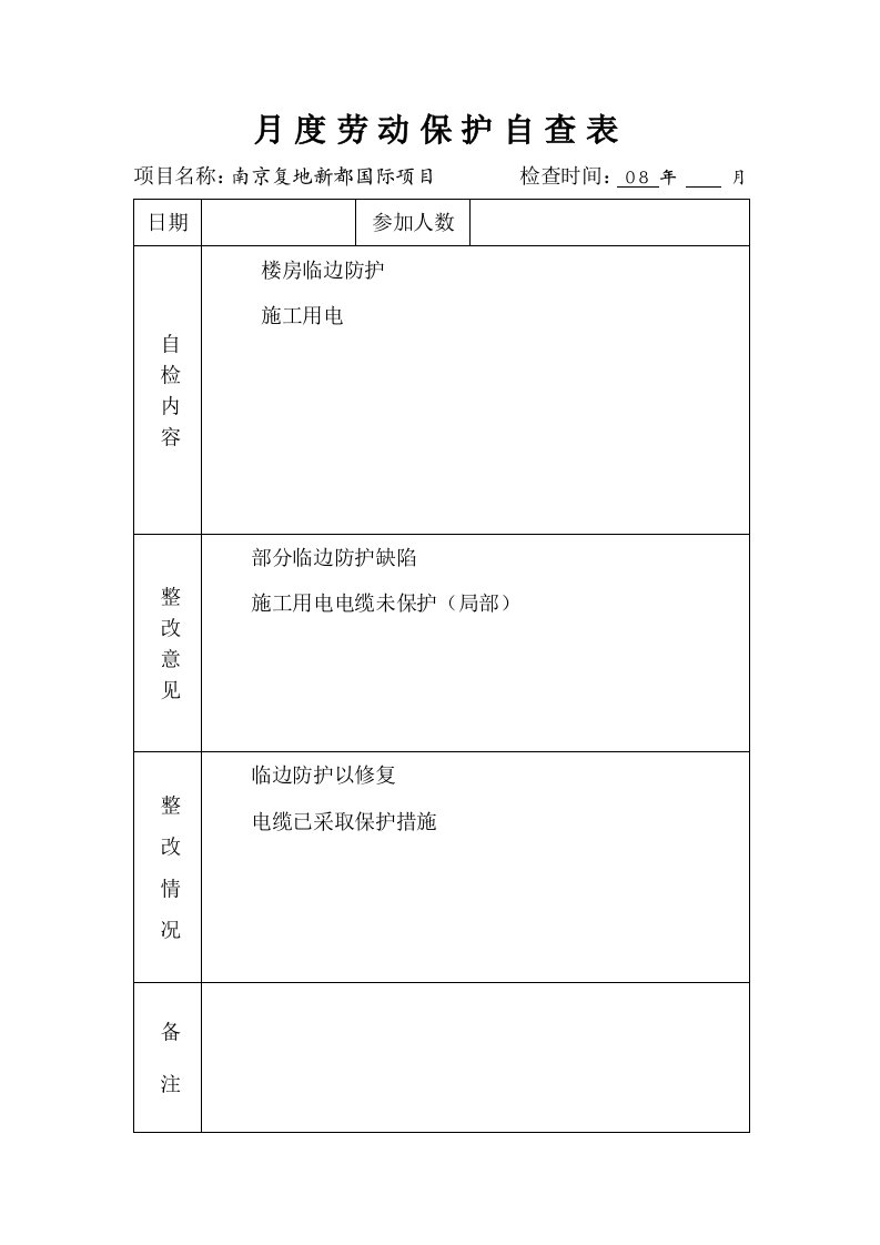 月度劳动保护自查表