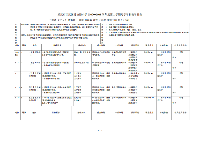 二年级下学期写字计划