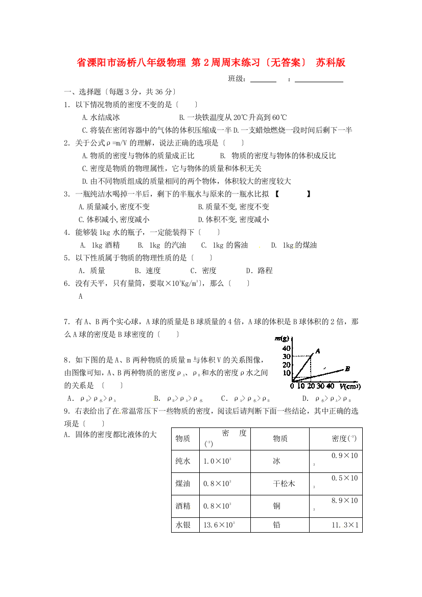 （整理版）溧阳市汤桥初级八年级物理第2周周末练习（无答案）