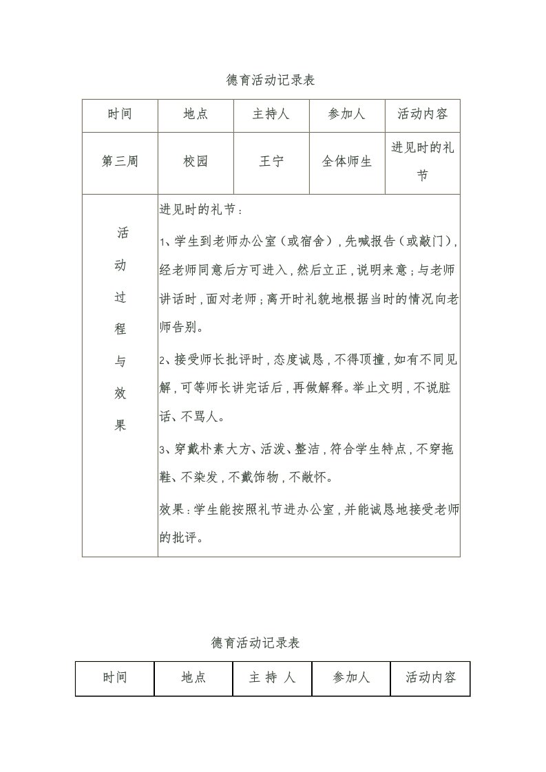 德育活动记录表