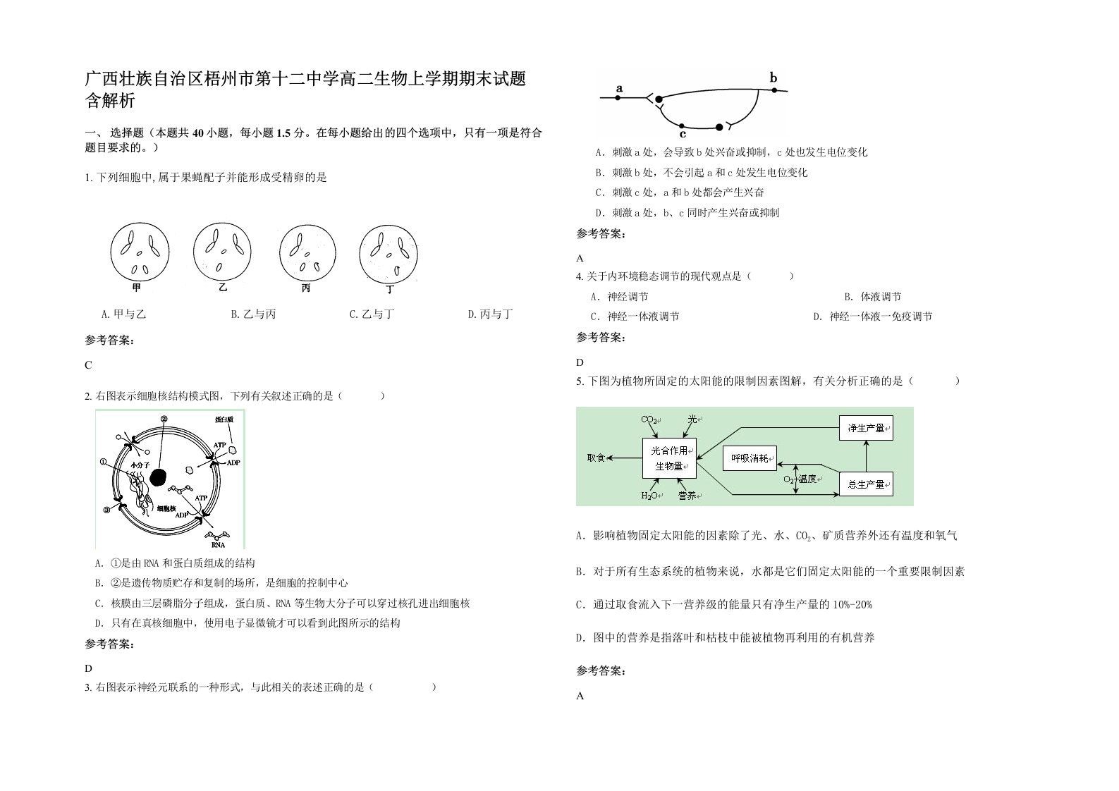 广西壮族自治区梧州市第十二中学高二生物上学期期末试题含解析