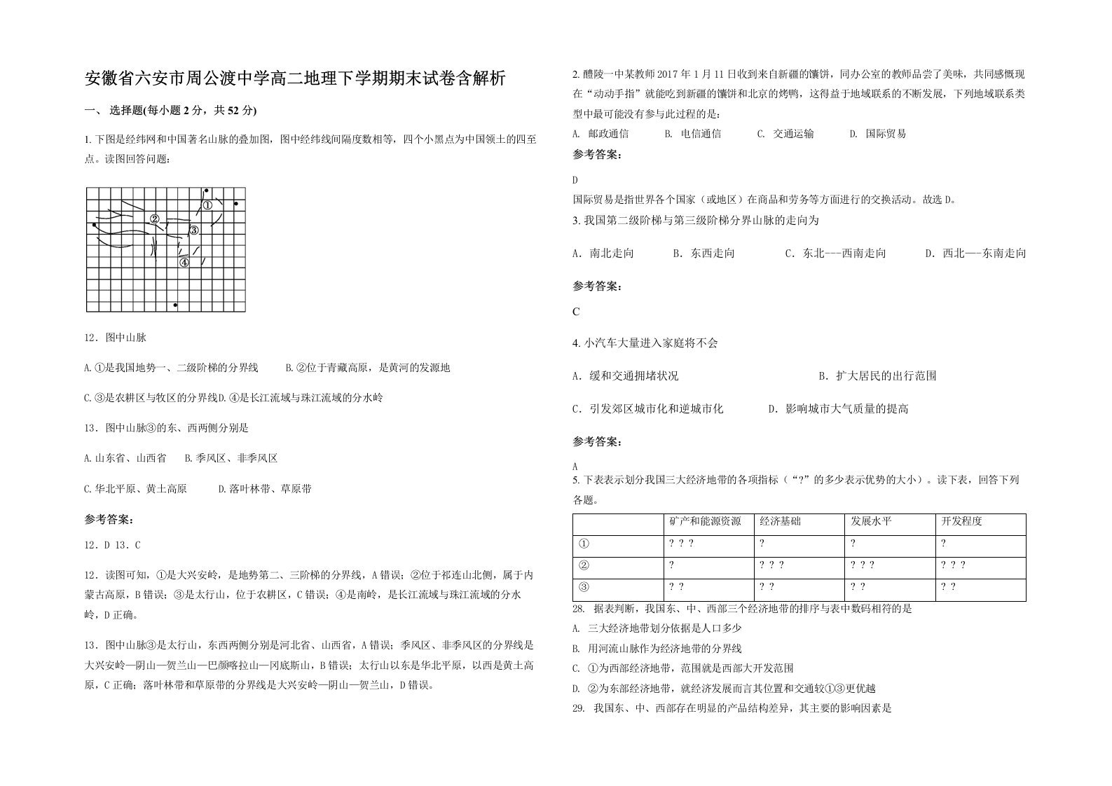 安徽省六安市周公渡中学高二地理下学期期末试卷含解析