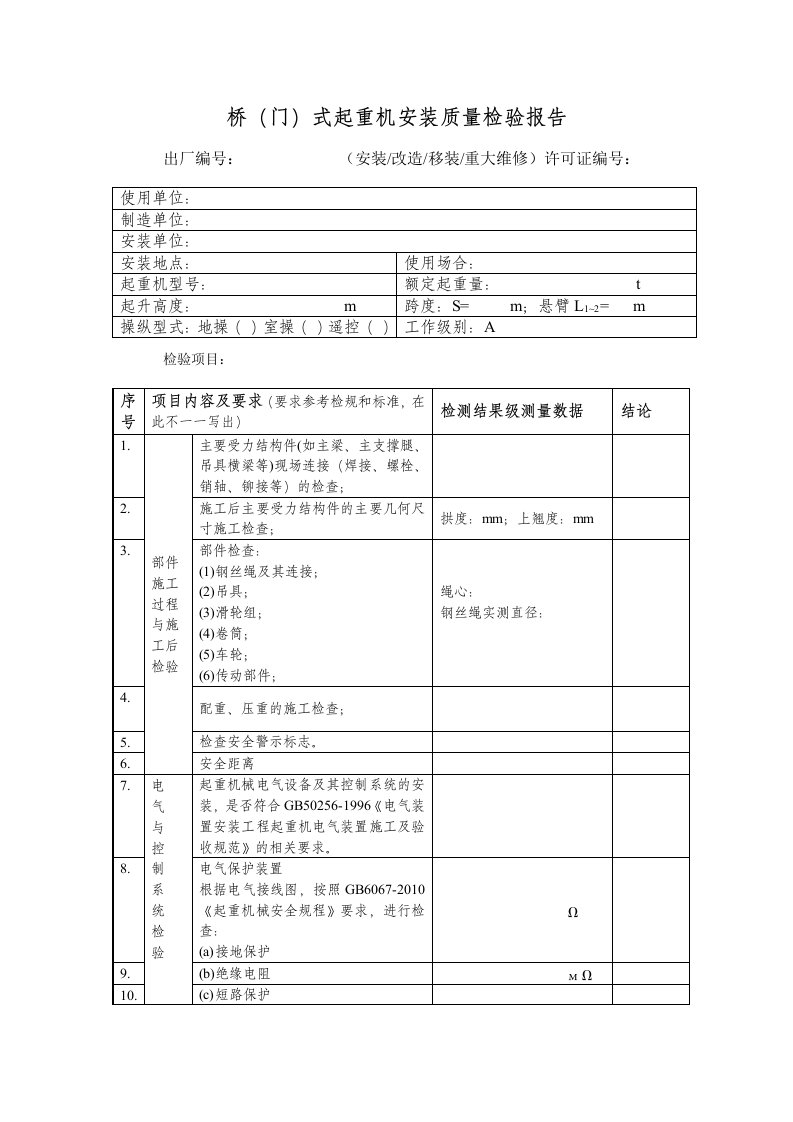 桥门式起重机安装质量检验报告