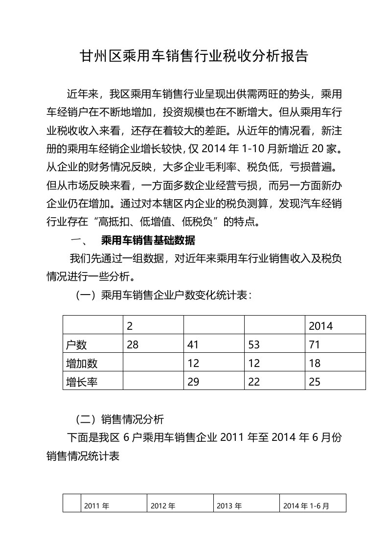 汽车销售行业专题税收分析报告