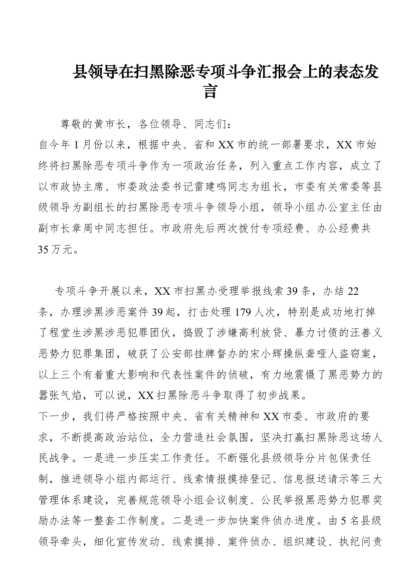 县领导在扫黑除恶专项斗争汇报会上的表态发言