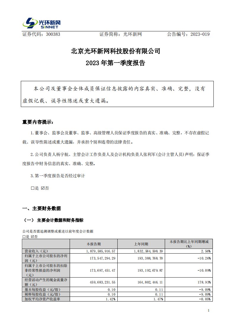 深交所-光环新网：2023年一季度报告-20230422