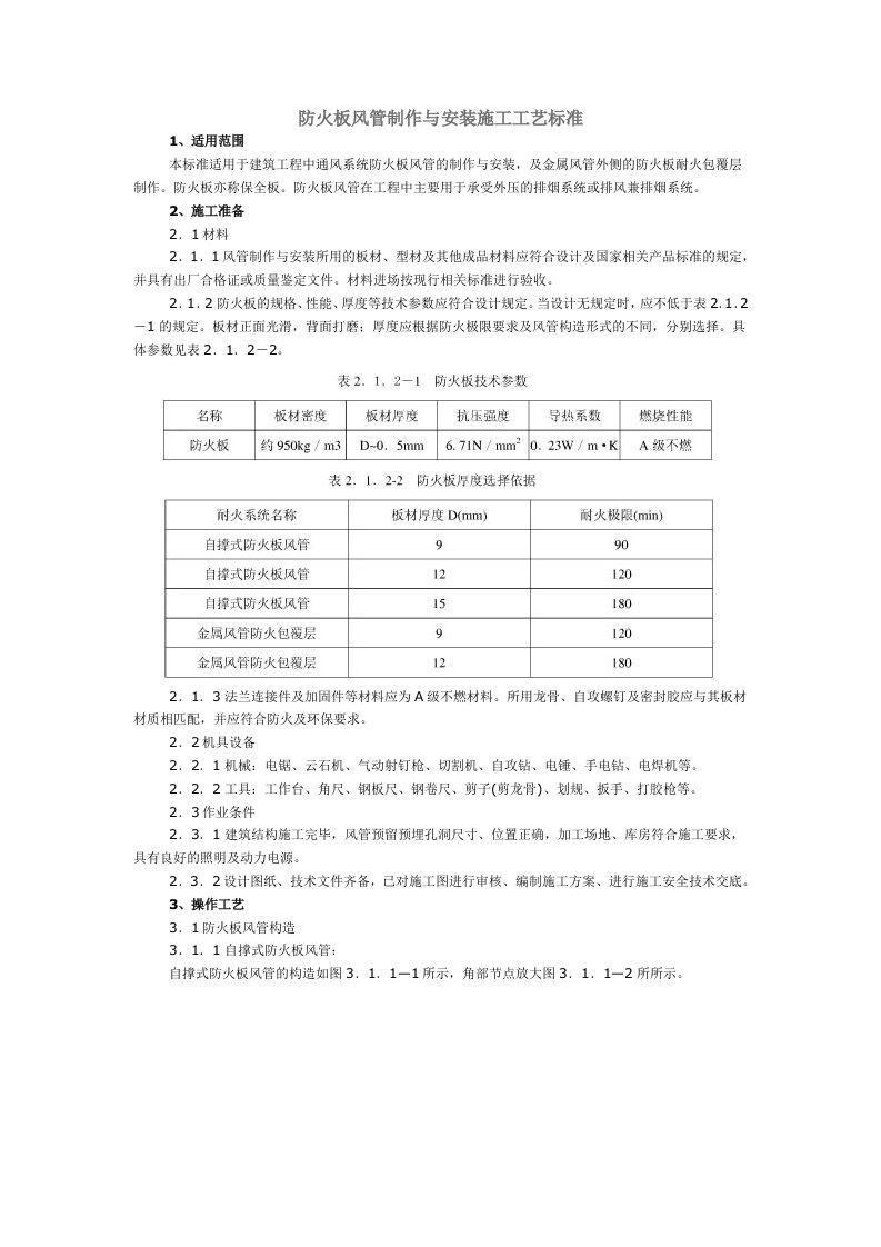 防火板风管制作与安装施工工艺标准