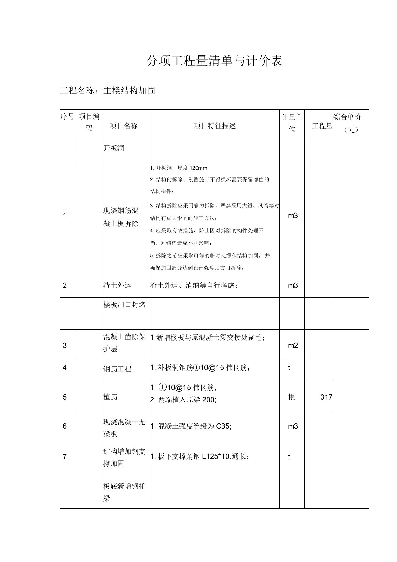 加固分项工程量清单与计价表