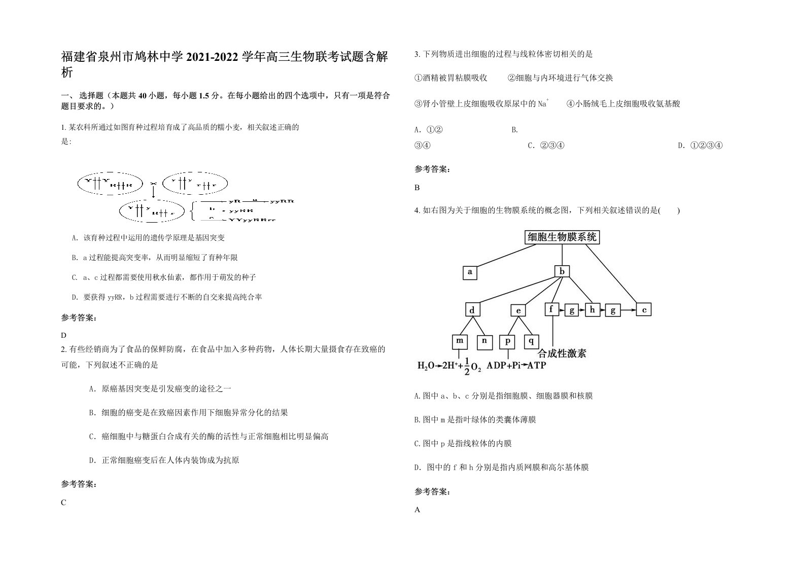 福建省泉州市鸠林中学2021-2022学年高三生物联考试题含解析