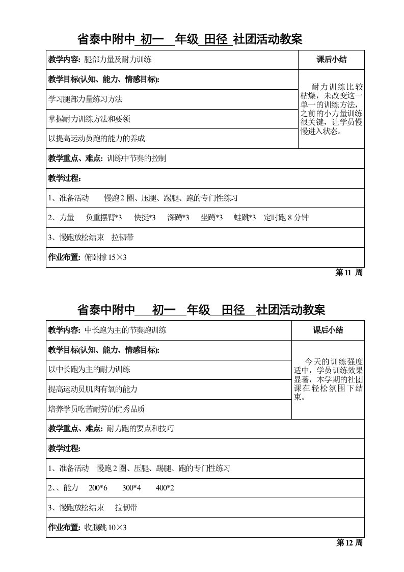 省泰中附中初一年级田径社团活动教案