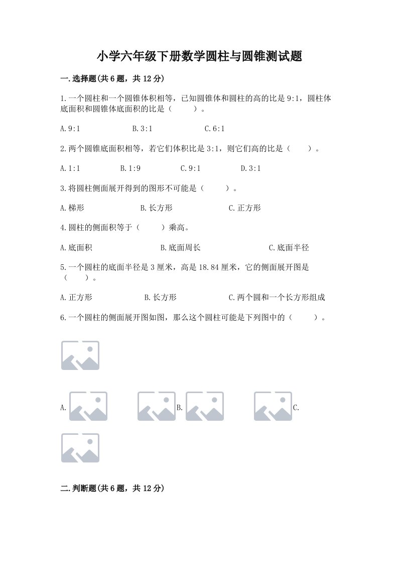 小学六年级下册数学圆柱与圆锥测试题附参考答案【突破训练】