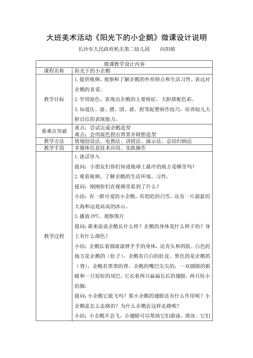 大班美术活动长沙市人民政府机关第二幼儿园向阳婧《阳光下的小企鹅》微课设计说明