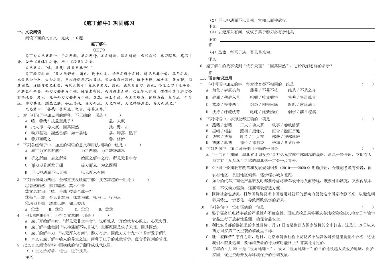 庖丁解牛巩固练习