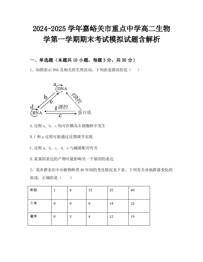 2024-2025学年嘉峪关市重点中学高二生物学第一学期期末考试模拟试题含解析