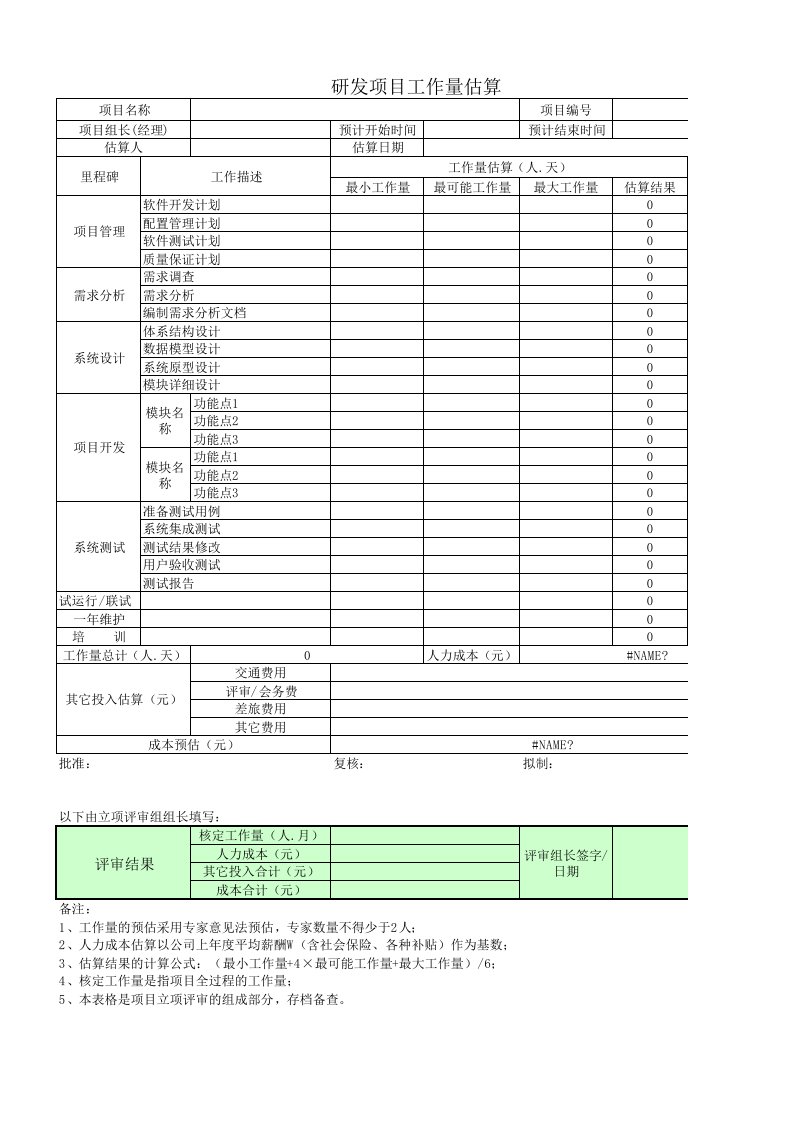 软件开发项目预算表格