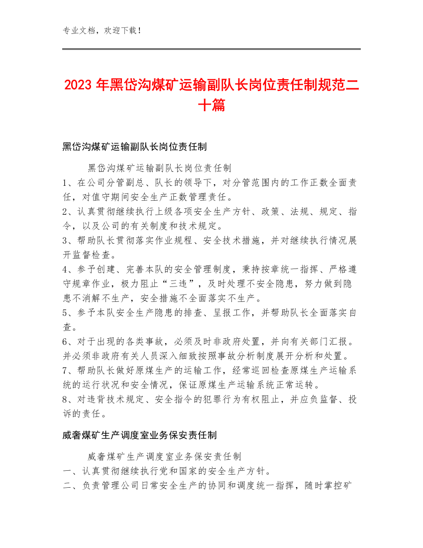 2023年黑岱沟煤矿运输副队长岗位责任制规范二十篇