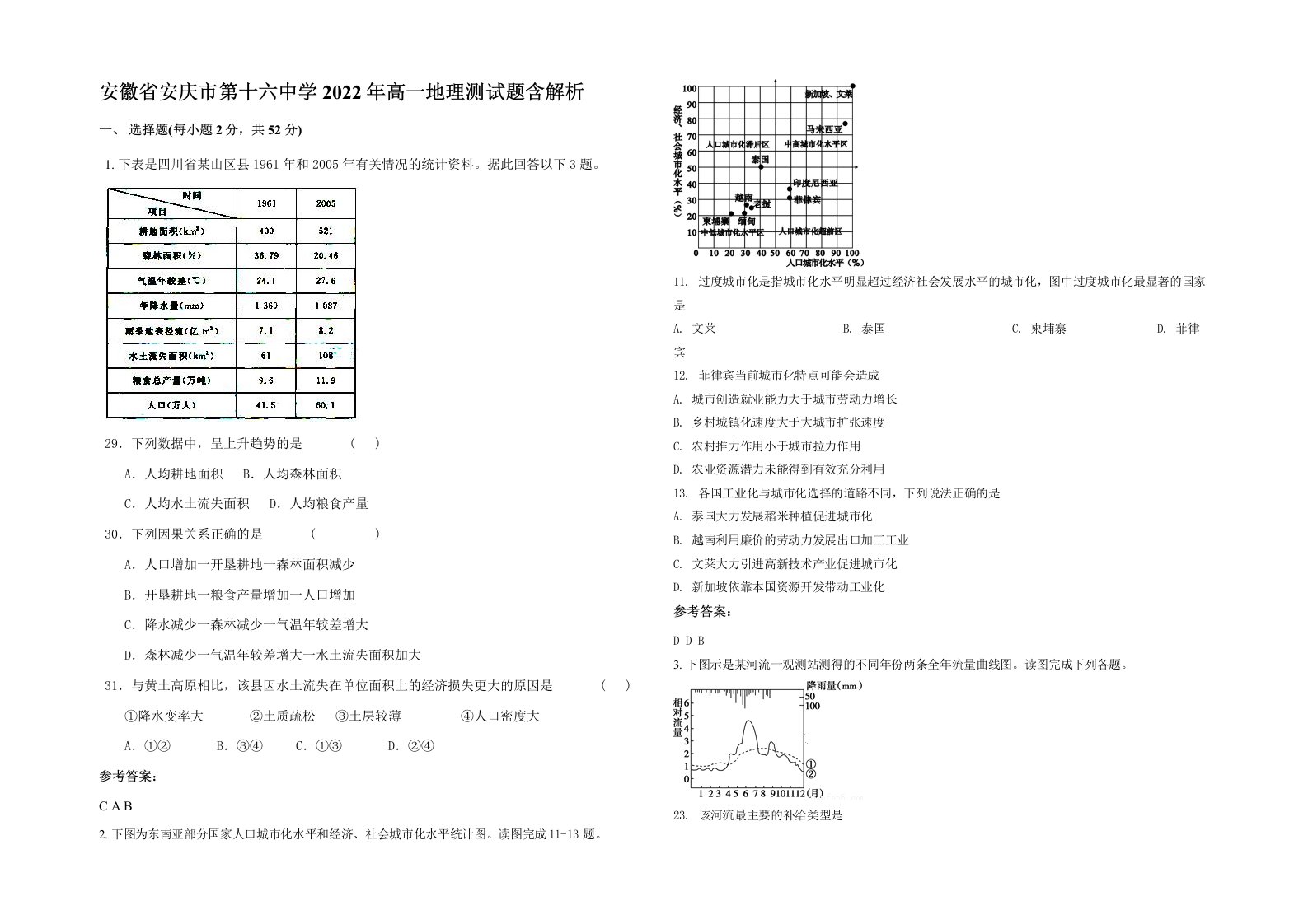 安徽省安庆市第十六中学2022年高一地理测试题含解析