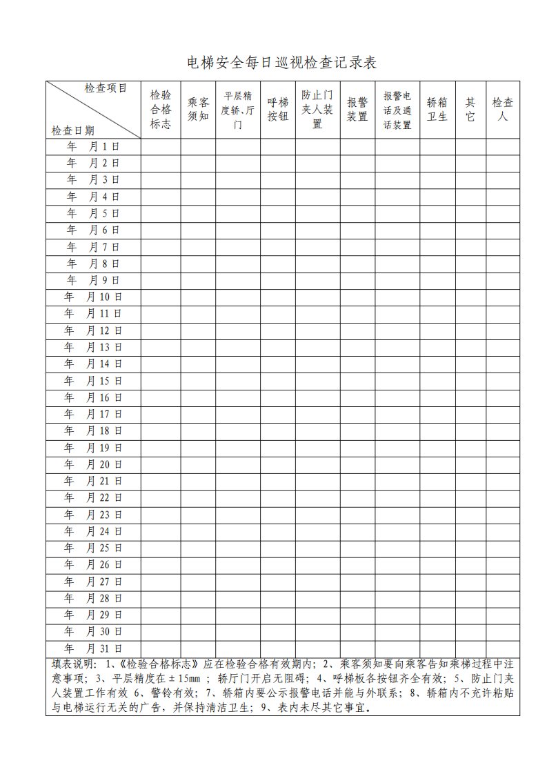 电梯安全日常检查记录表