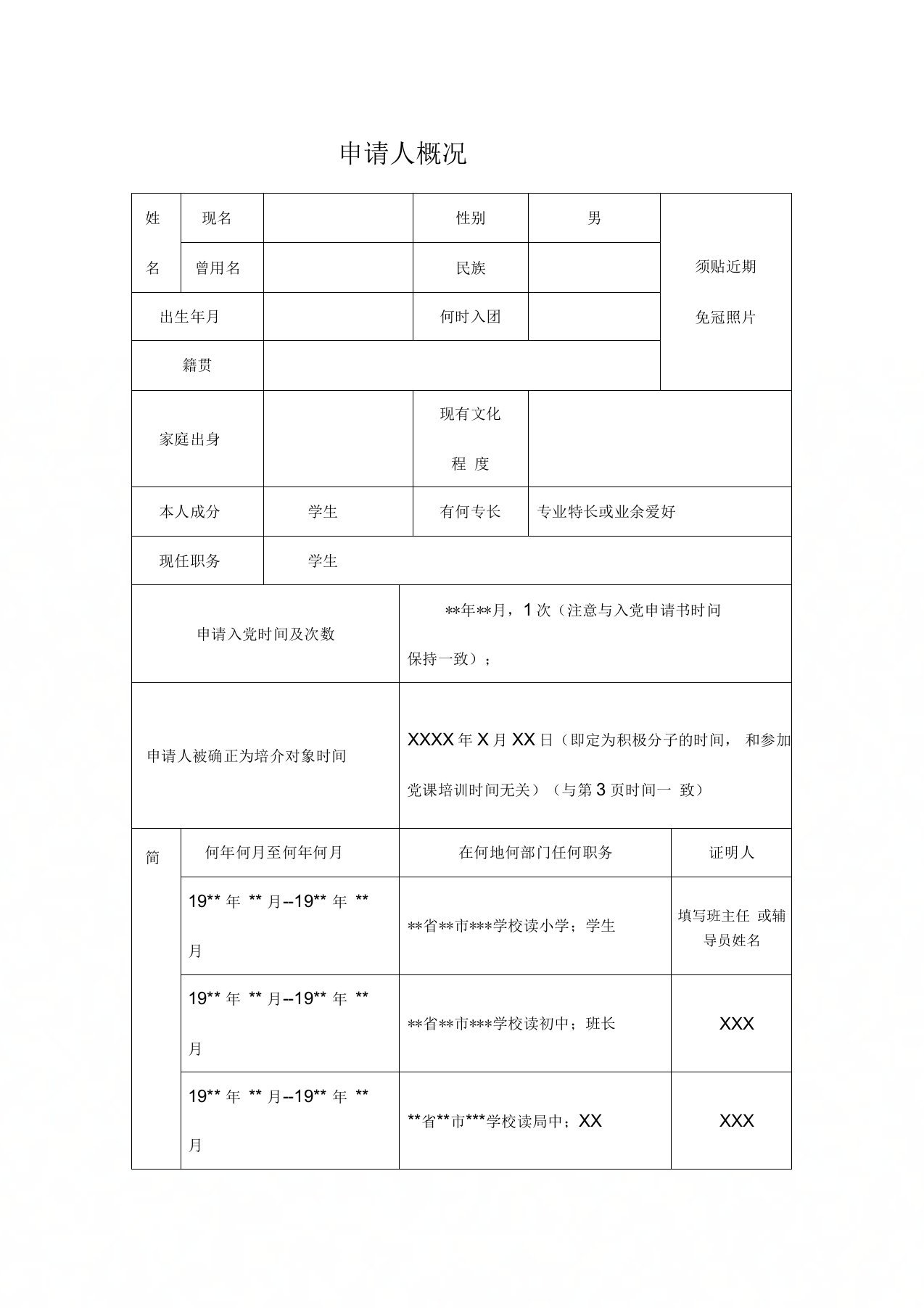 申请入党积极分子培养考察登记表(模板)