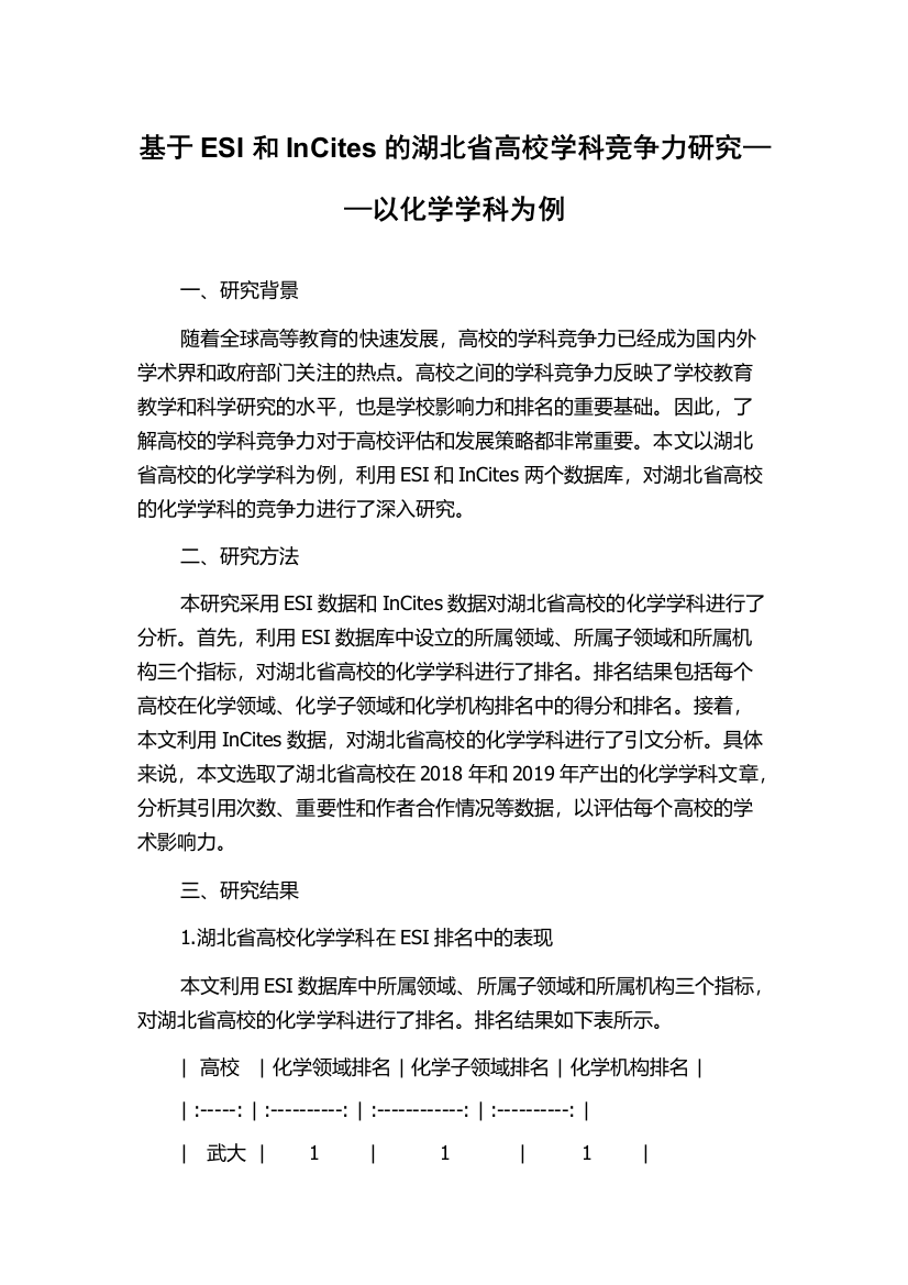 基于ESI和InCites的湖北省高校学科竞争力研究——以化学学科为例