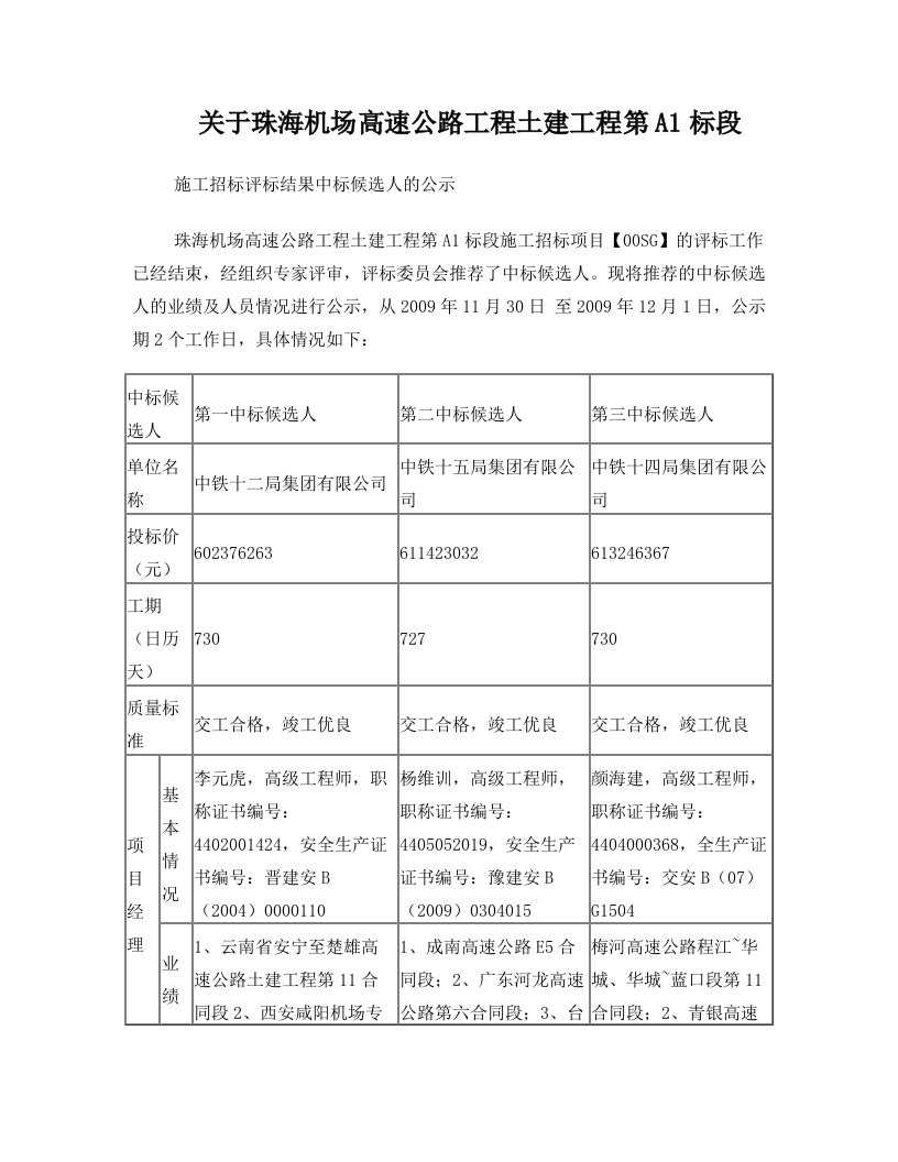 施工招标评标结果中标候选人的公示