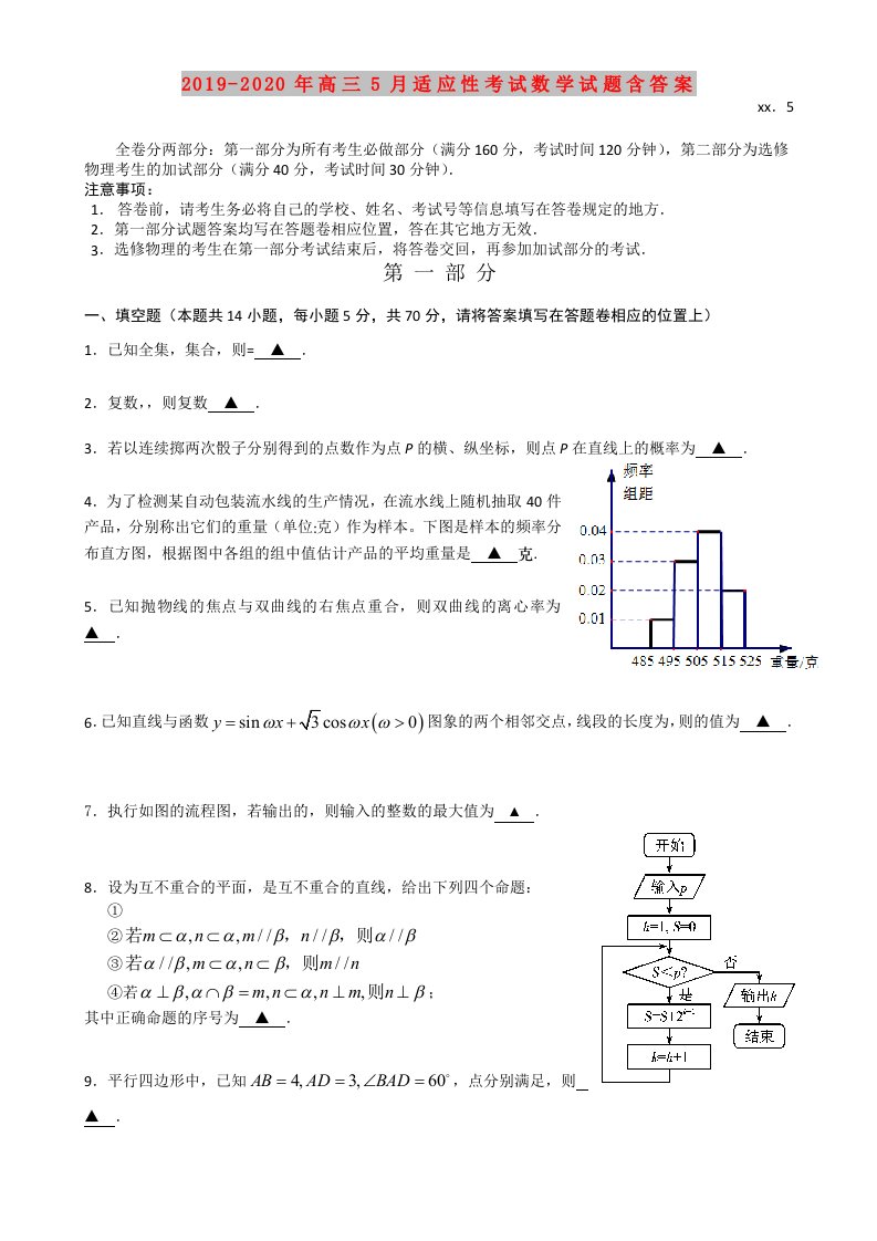 2019-2020年高三5月适应性考试数学试题含答案