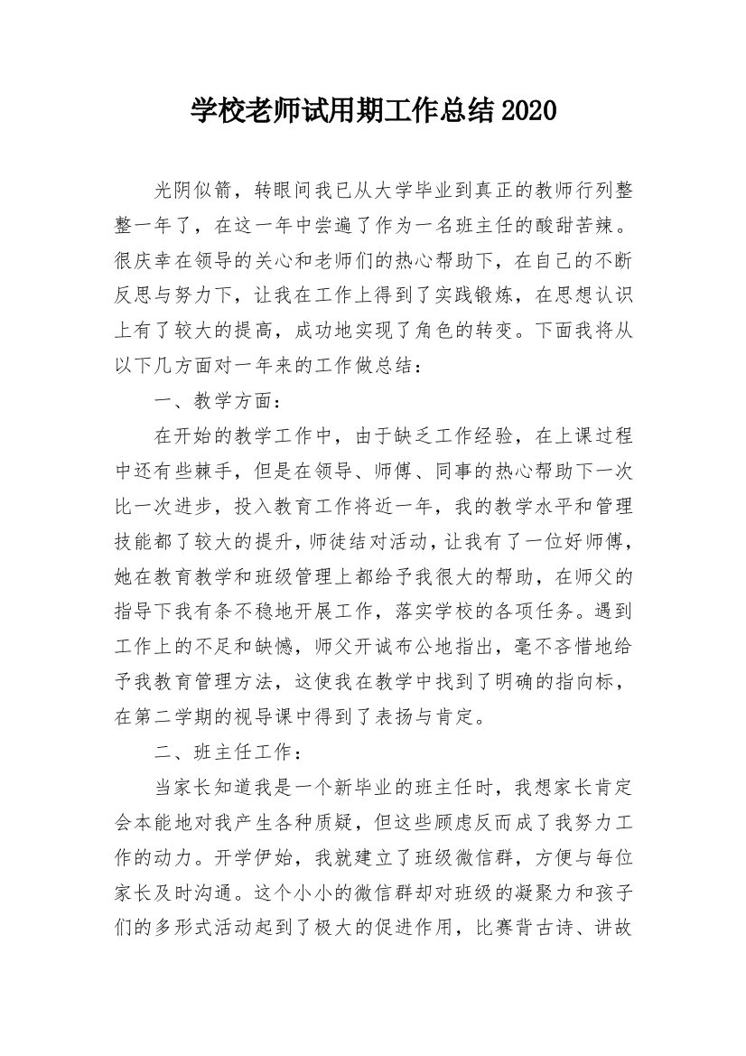 学校老师试用期工作总结2020