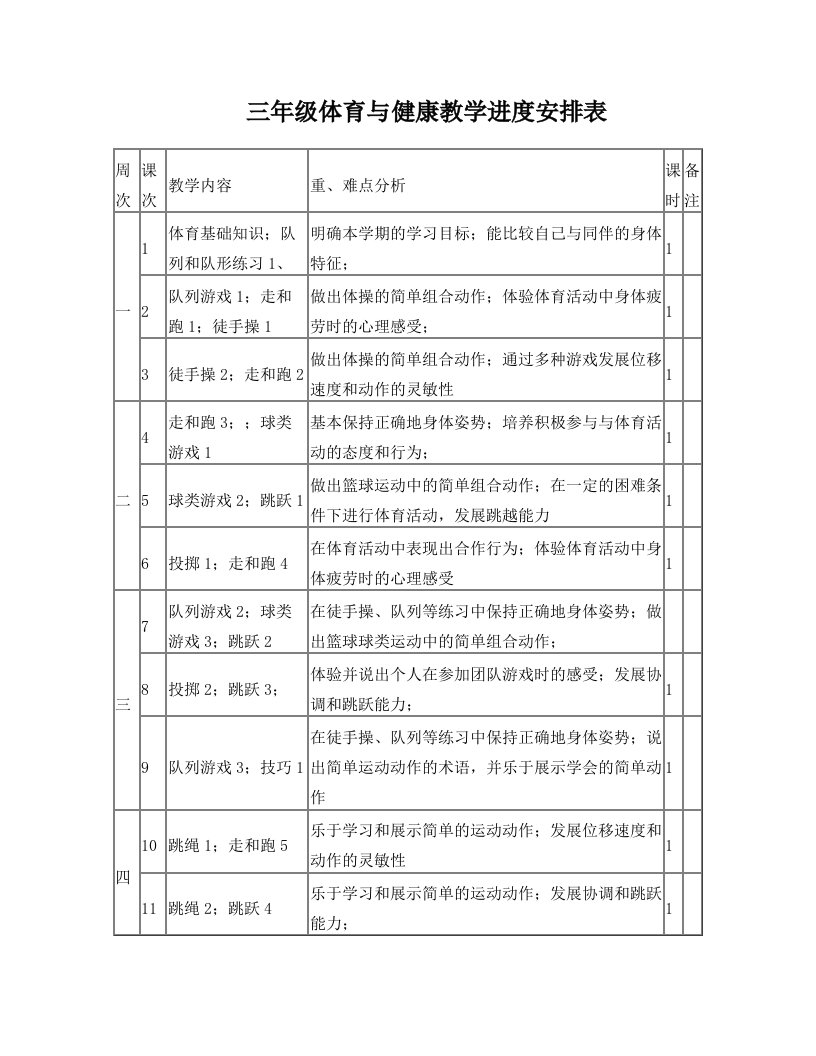 三年级体育教学进度安排表