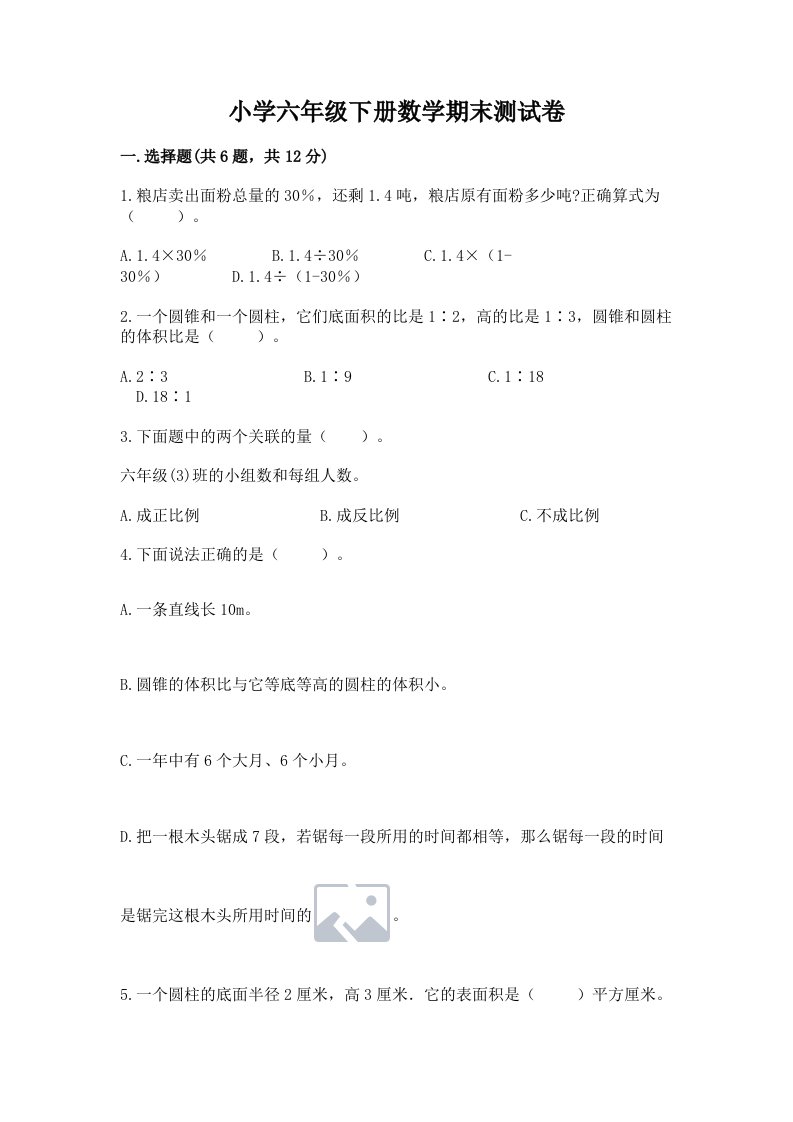 小学六年级下册数学期末测试卷含答案【培优】