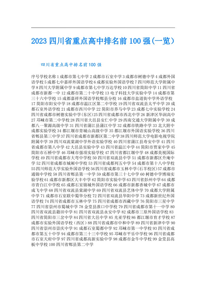 四川省重点高中排名前100强(一览）