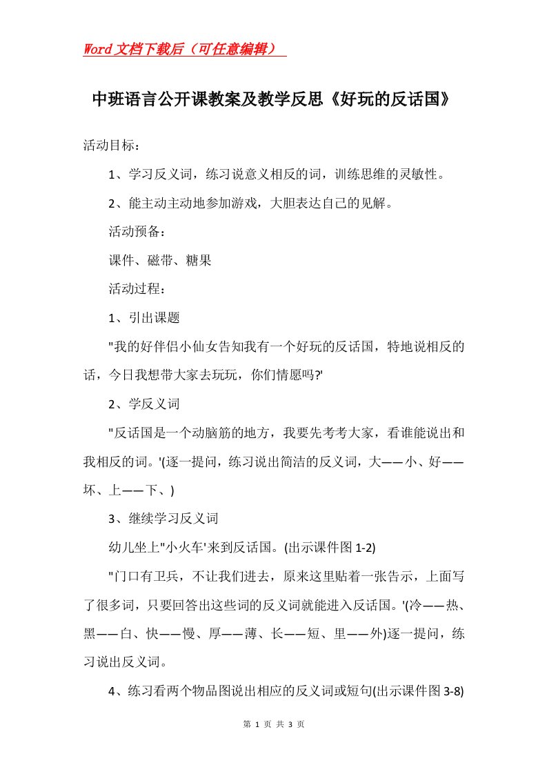 中班语言公开课教案及教学反思好玩的反话国