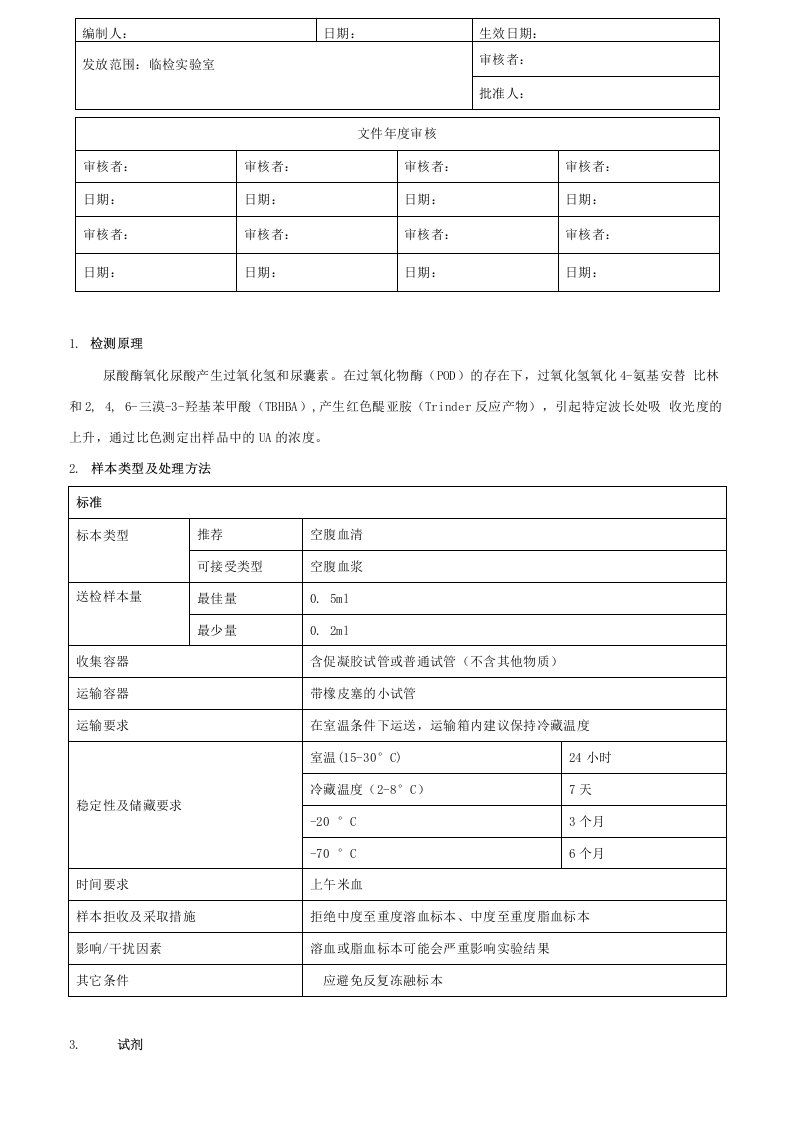 酶法检测尿酸（UA）检测标准操作程序