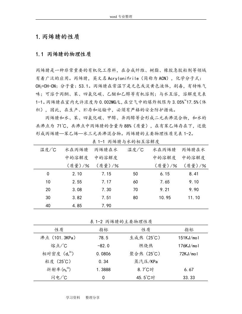 丙烯腈工厂设计文献综述