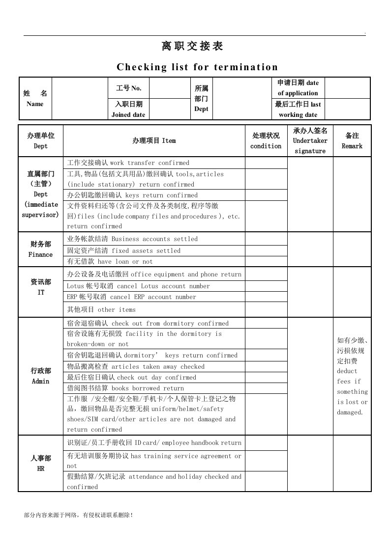 离职交接表(中英文)