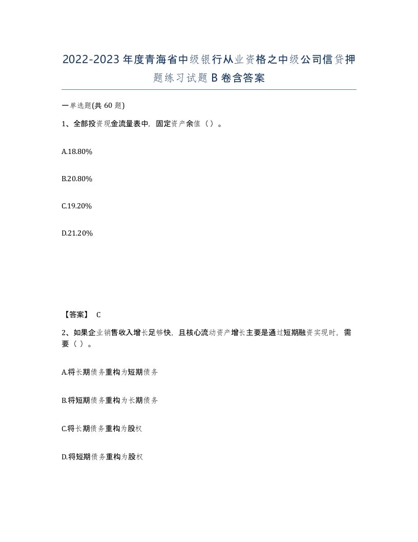 2022-2023年度青海省中级银行从业资格之中级公司信贷押题练习试题B卷含答案