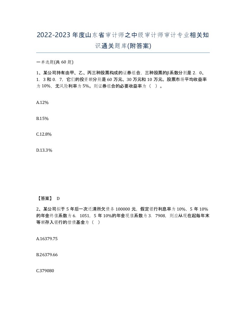 2022-2023年度山东省审计师之中级审计师审计专业相关知识通关题库附答案