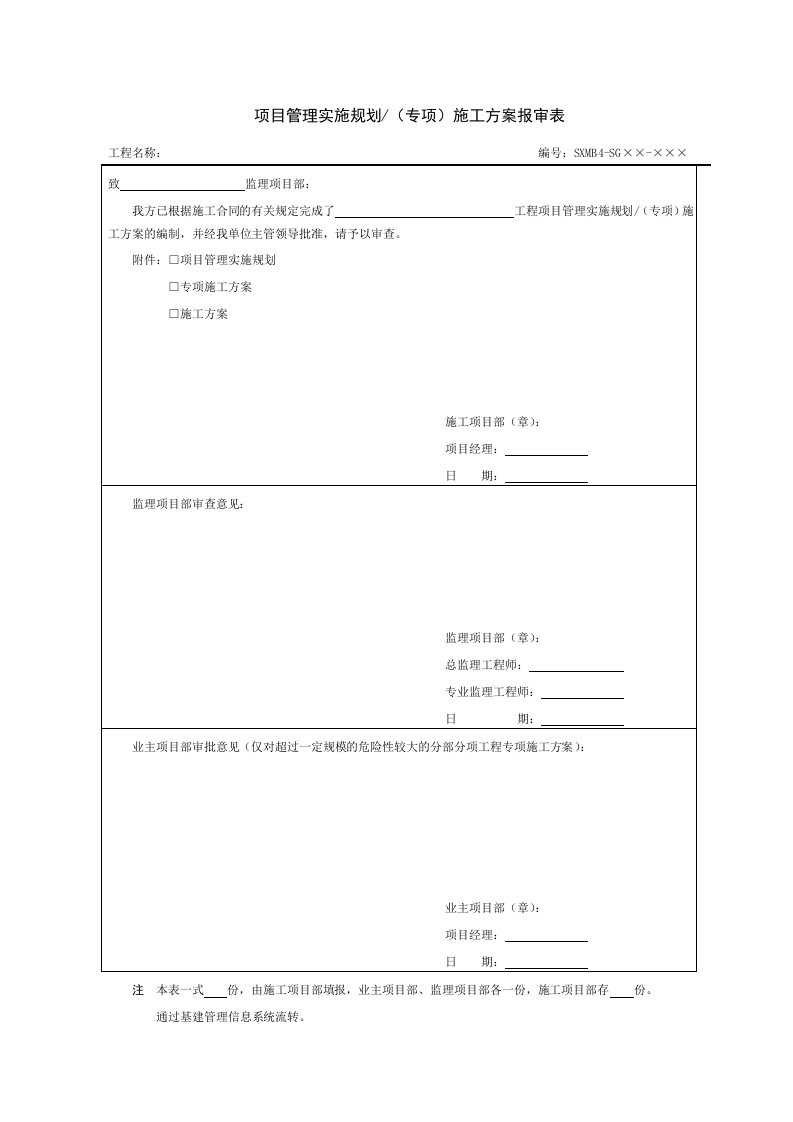 项目管理实施规划／(专项)施工方案报审表