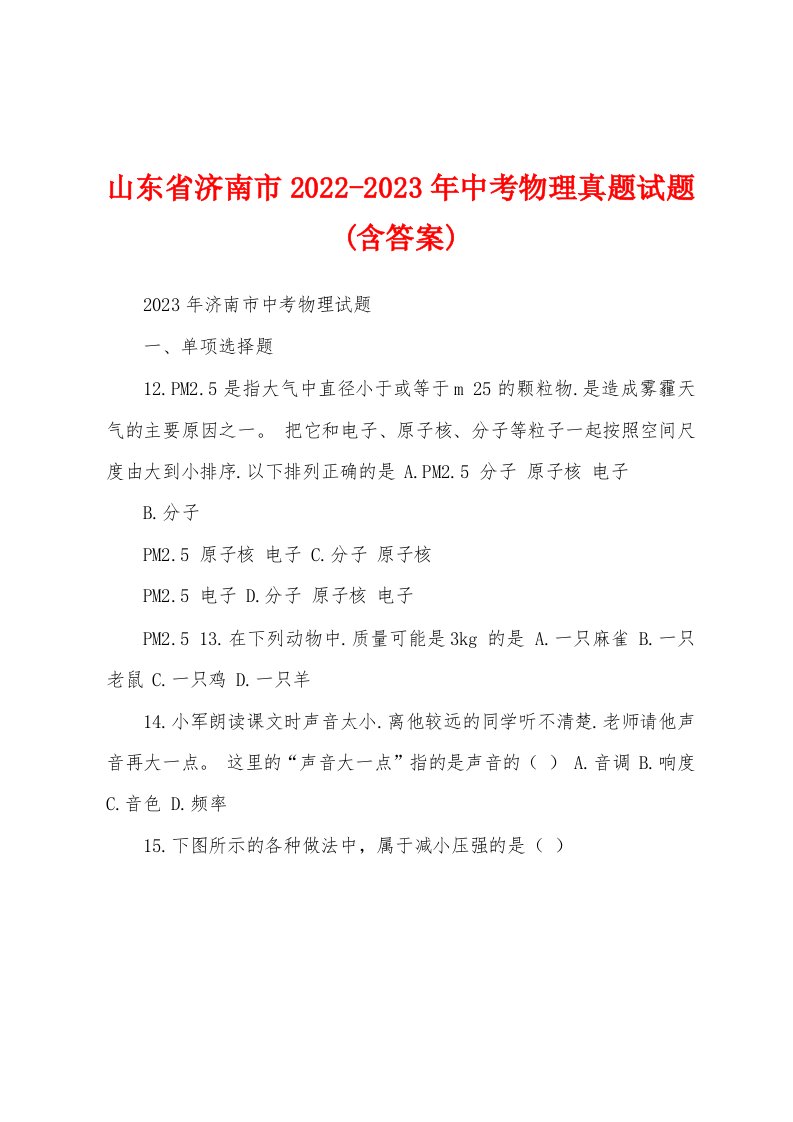 山东省济南市2022-2023年中考物理真题试题(含答案)