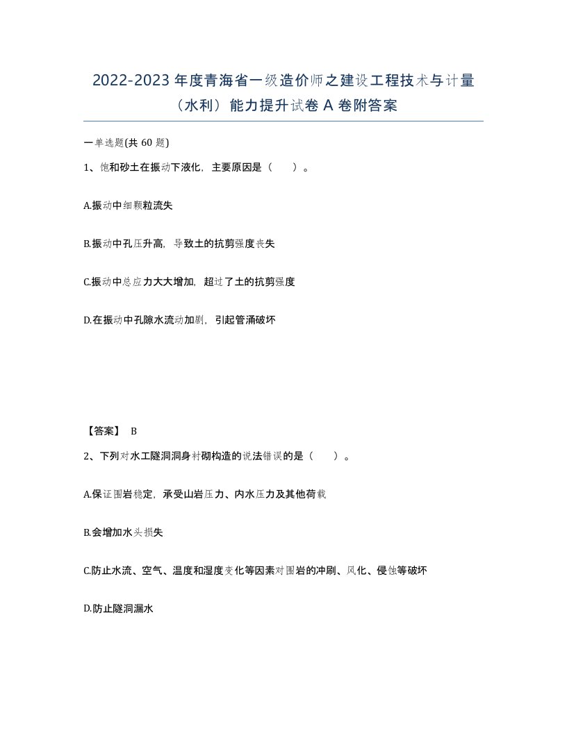 2022-2023年度青海省一级造价师之建设工程技术与计量水利能力提升试卷A卷附答案