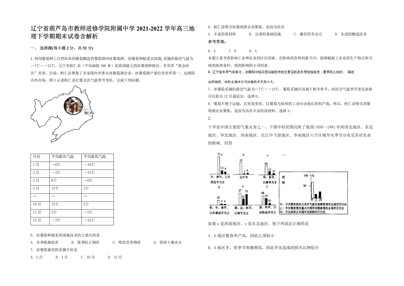 辽宁省葫芦岛市教师进修学院附属中学2021-2022学年高三地理下学期期末试卷含解析