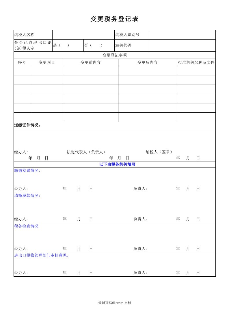 变更税务登记申请表(空白)国税