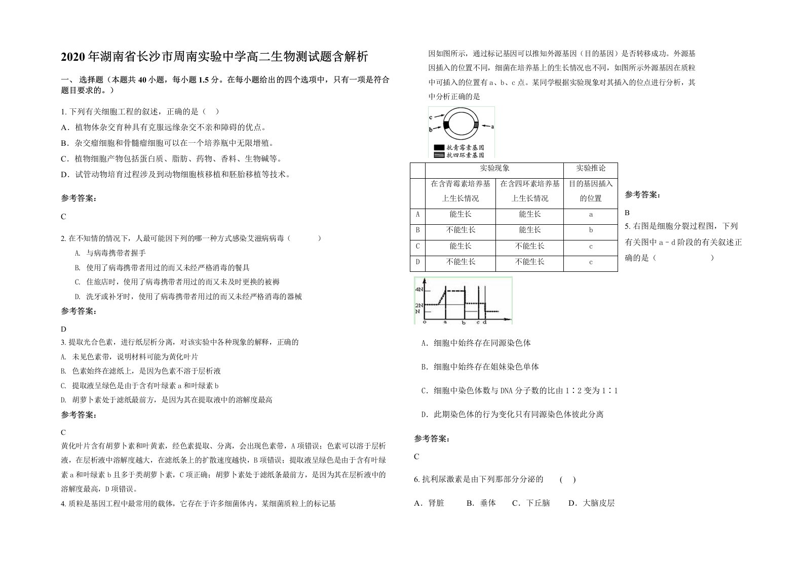 2020年湖南省长沙市周南实验中学高二生物测试题含解析