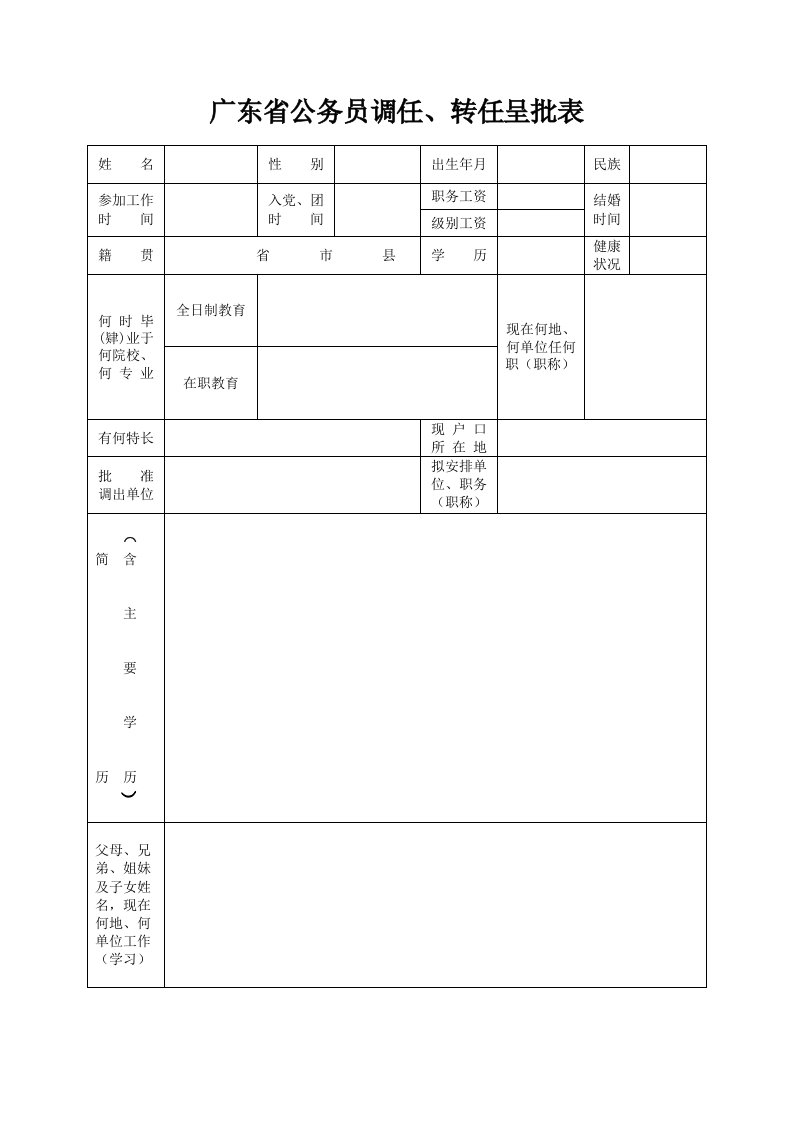 广东省公务员调任、转任呈批表