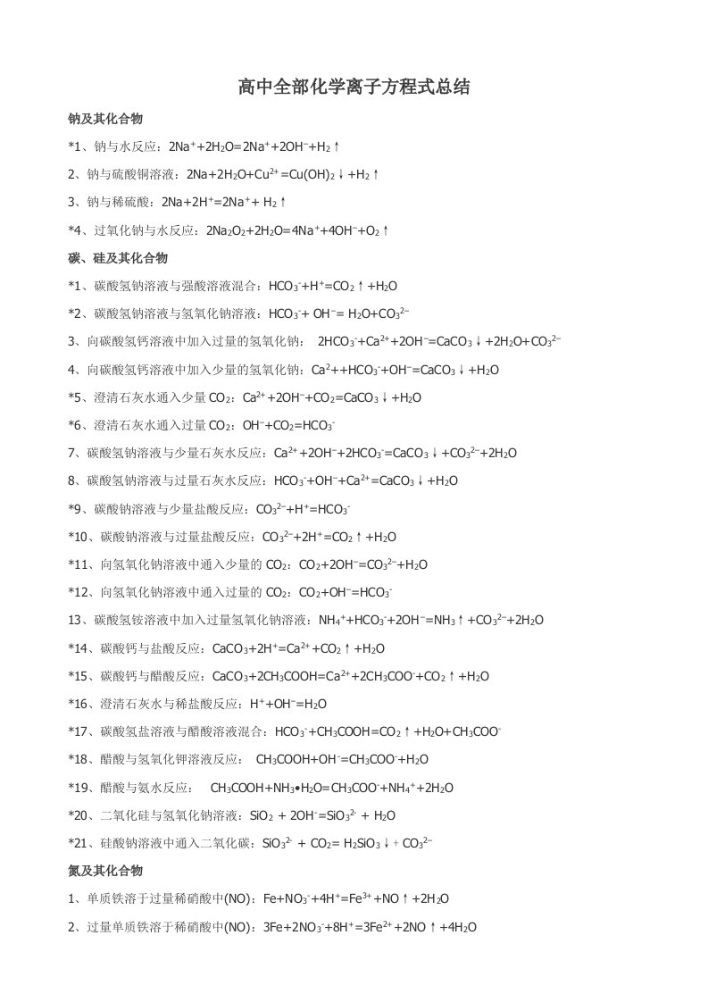 高中化学全部离子方程式大全总结