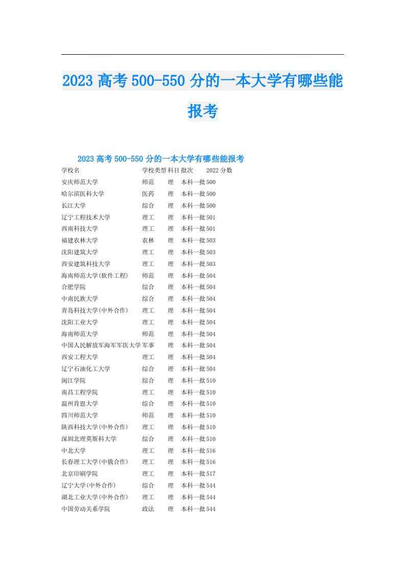 高考500550分的一本大学有哪些能报考