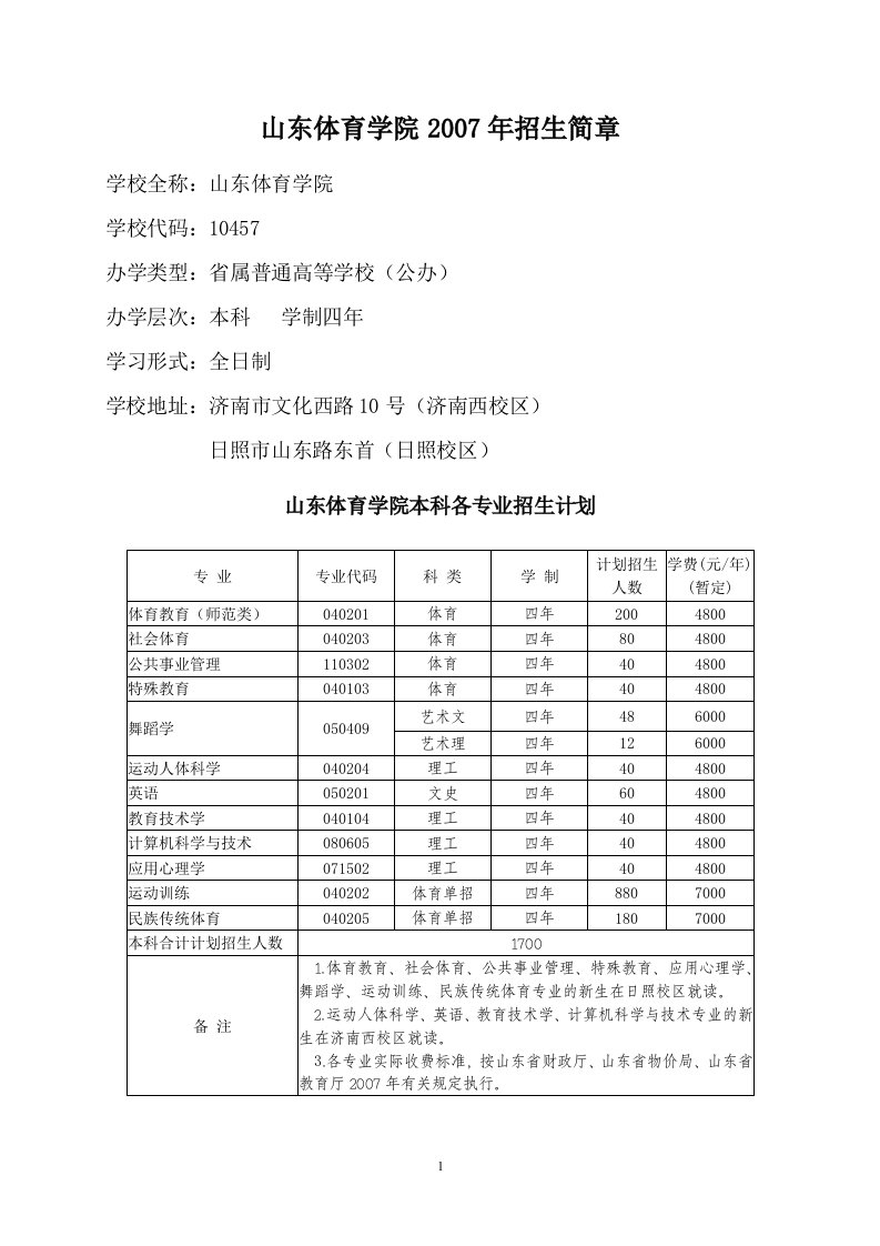 山东体育学院2007年招生简章