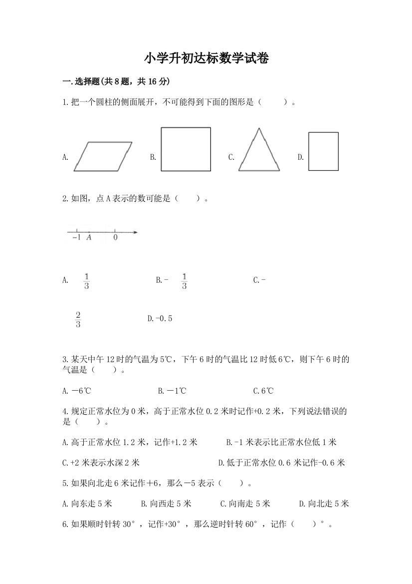 小学升初达标数学试卷及参考答案（夺分金卷）