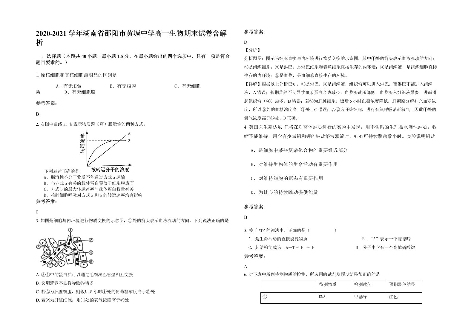 2020-2021学年湖南省邵阳市黄塘中学高一生物期末试卷含解析