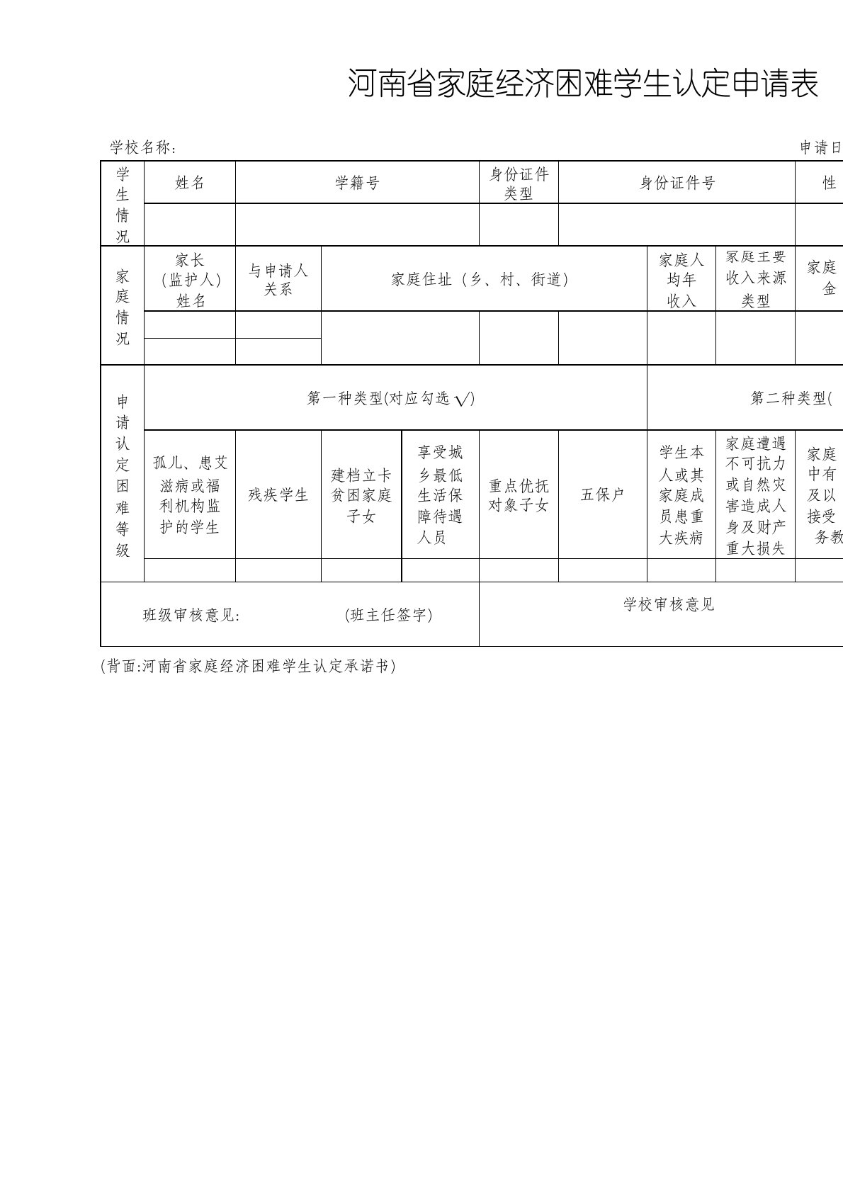 河南省家庭经济困难学生认定申请表