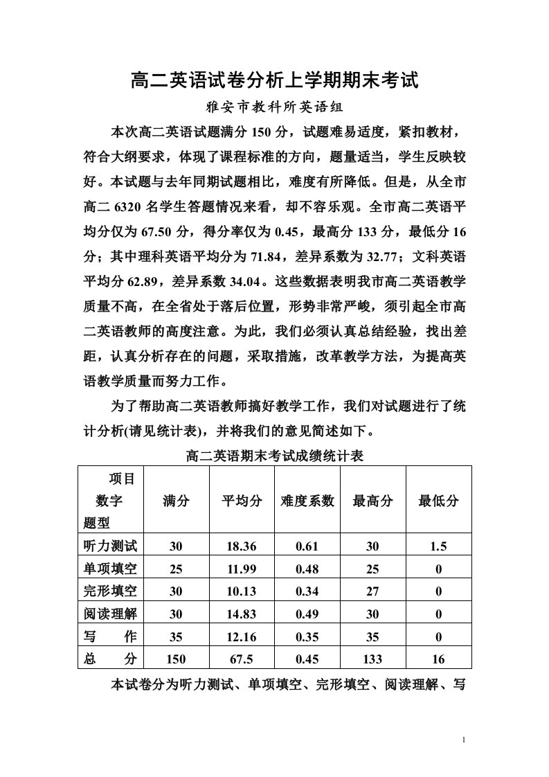 高二英语试卷分析上学期期末考试